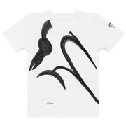 White t-shirt with black bird design on white background