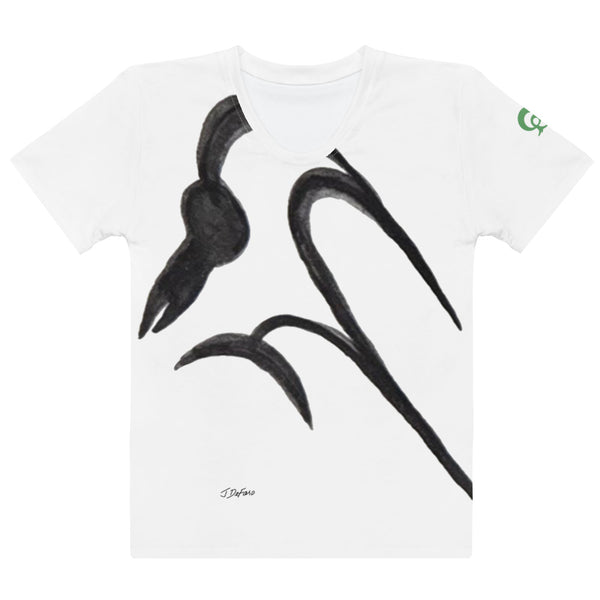 White t-shirt with black bird design on white background