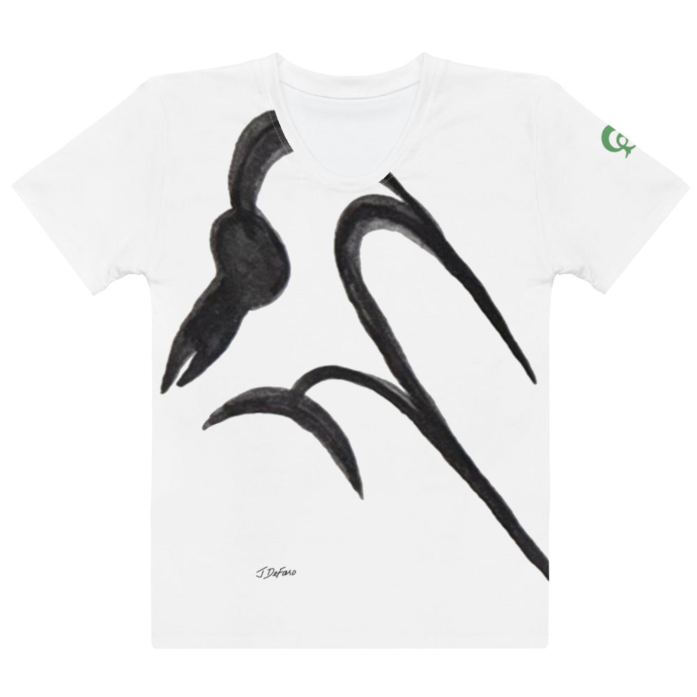 White t-shirt with black bird design on white background