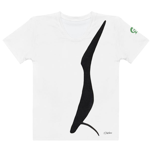 White t-shirt with black graphic tall bird on white background
