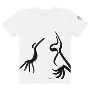 White t-shirt with black abstract bird design on a white background
