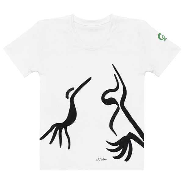 White t-shirt with black abstract bird design on a white background