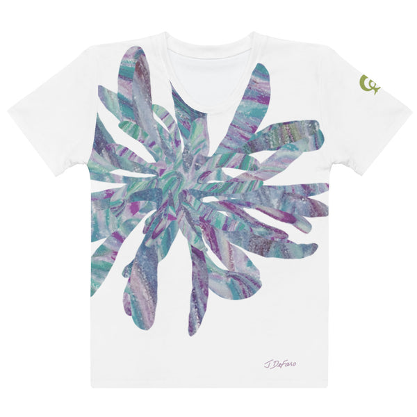 White t-shirt with colorful graphic collaged flower in white background