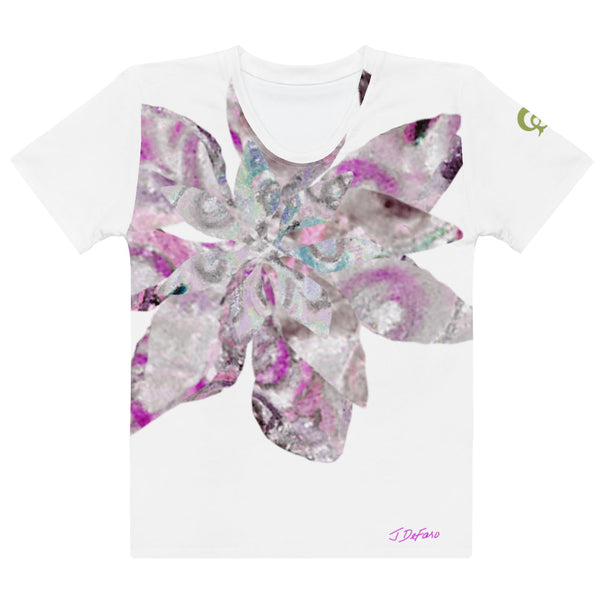 White t-shirt with colorful graphic collaged flower in white background