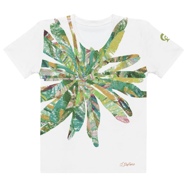 White t-shirt with colorful graphic collaged flower in white background