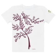 White t-shirt with a cranberry leaf and branch design on white background