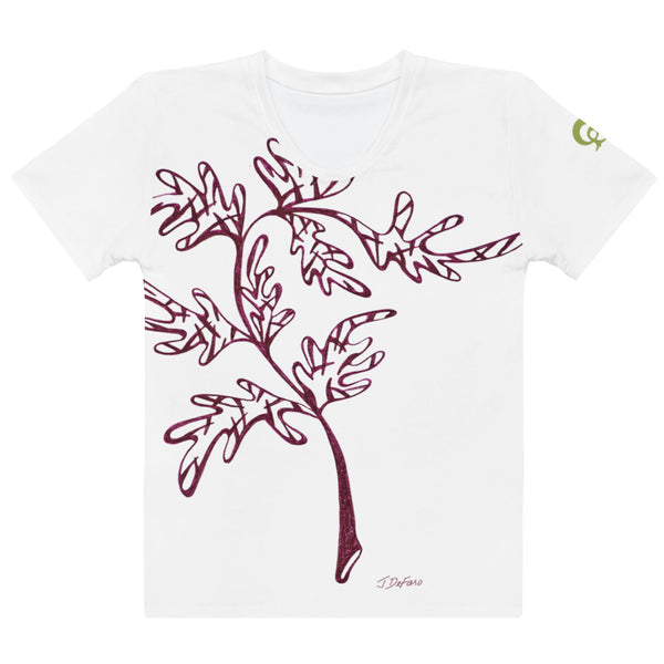 White t-shirt with a cranberry leaf and branch design on white background