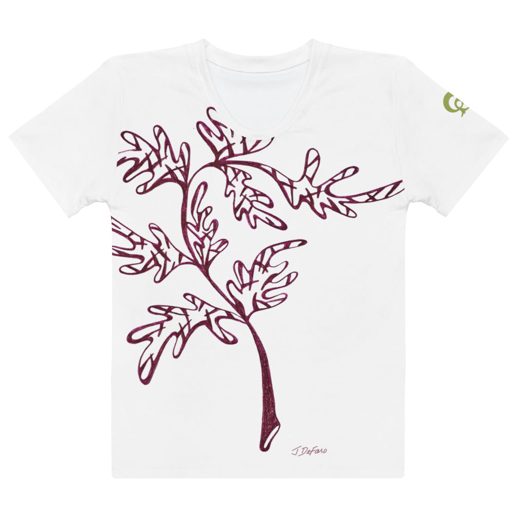 White t-shirt with a cranberry leaf and branch design on white background