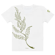 White t-shirt with green leaf design on a white background