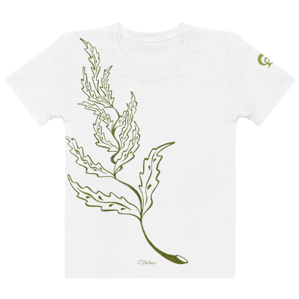 White t-shirt with green leaf design on a white background
