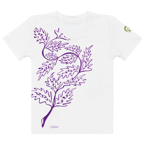 White t-shirt with purple leaf design on a white background