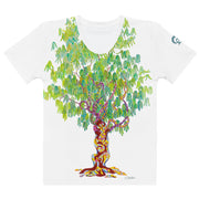 White t-shirt with large colorful tree design on a white background