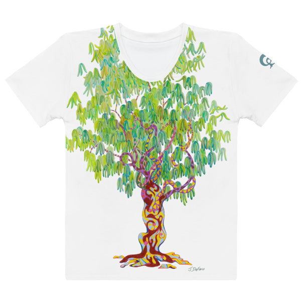 White t-shirt with large colorful tree design on a white background