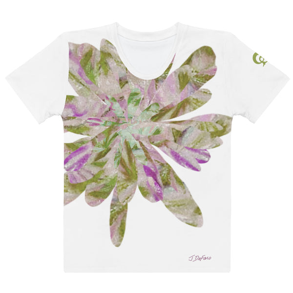 White t-shirt with colorful graphic collaged flower in white background