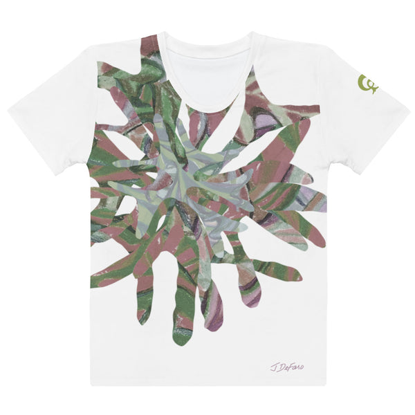 White t-shirt with colorful graphic collaged flower in white background