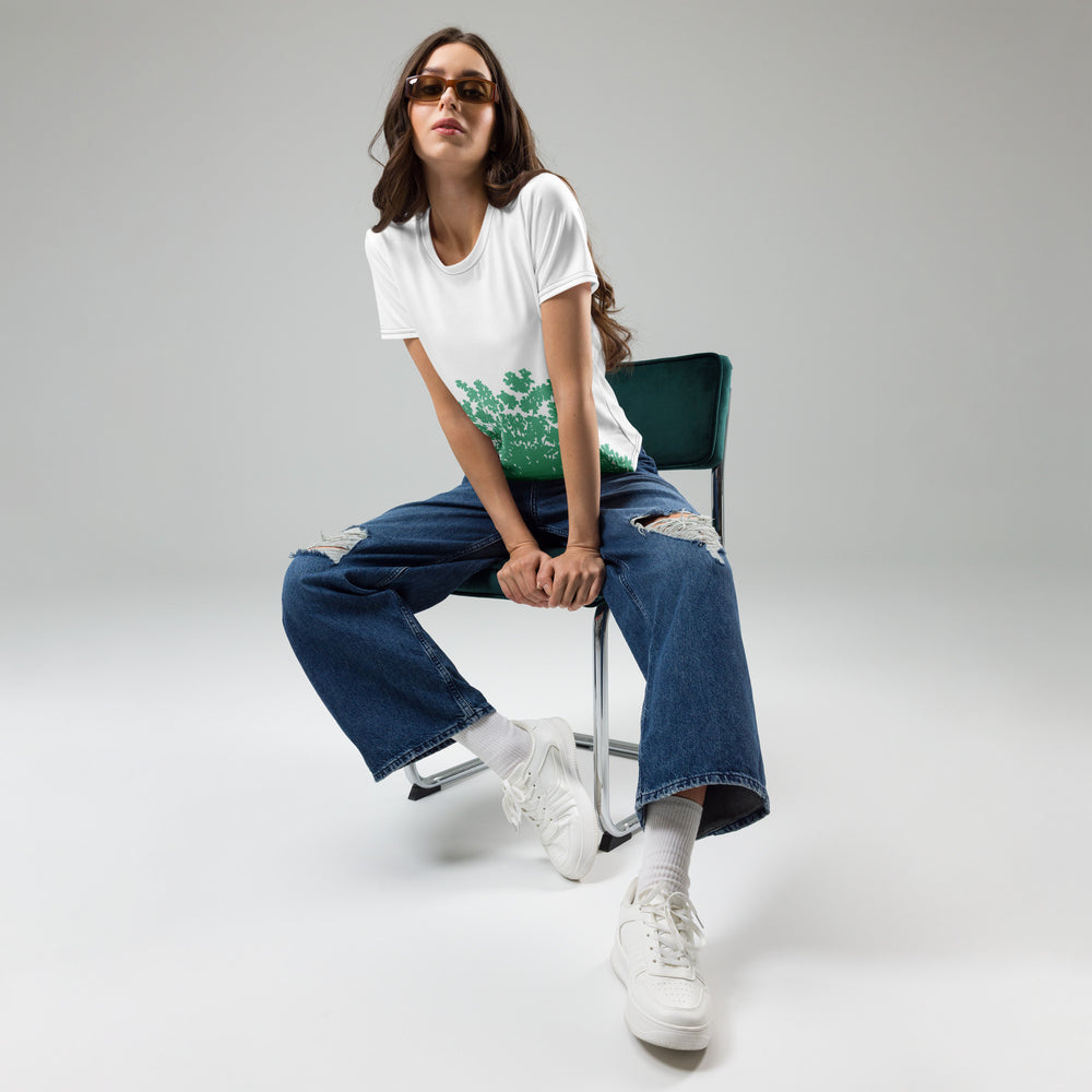 GREEN RELIGION · TRUE TREES · Women’s Memory Silhouette · “Bird Lover” · All-Over Print Crew Neck T-Shirt