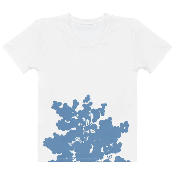 White T-shirt with blue tree foliage on a white background