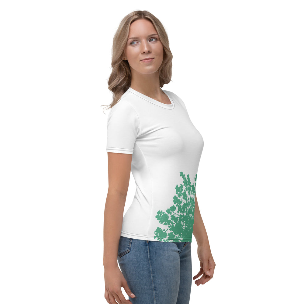 GREEN RELIGION · TRUE TREES · Women’s Memory Silhouette · “Bird Lover” · All-Over Print Crew Neck T-Shirt