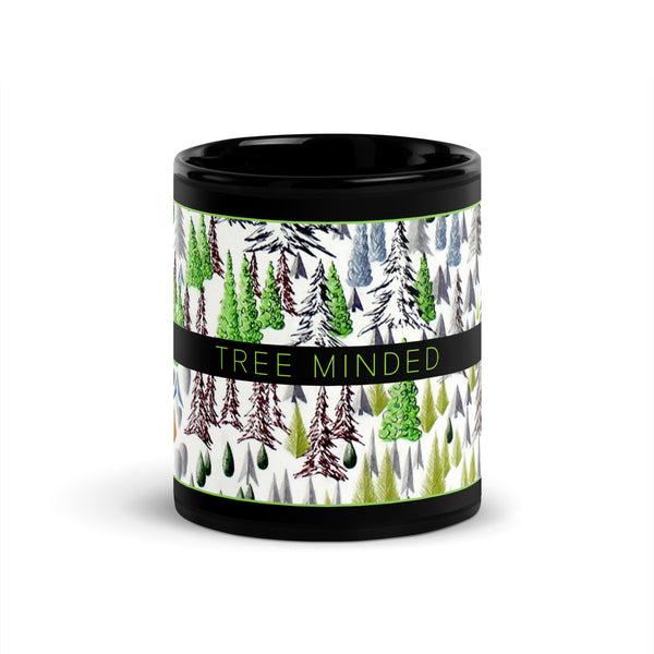 Tree forest drawing printed on a black glossy ceramic mug