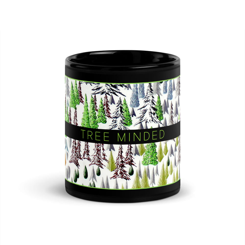 Tree forest drawing printed on a black glossy ceramic mug