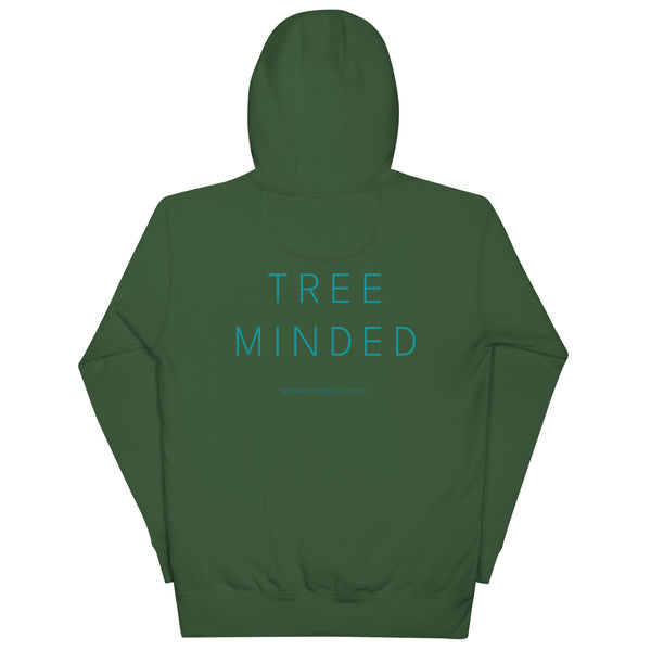 Text TREE MINDED printed on unisex hoodie