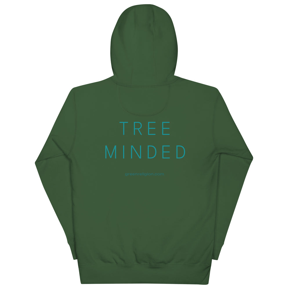 Text TREE MINDED printed on unisex hoodie