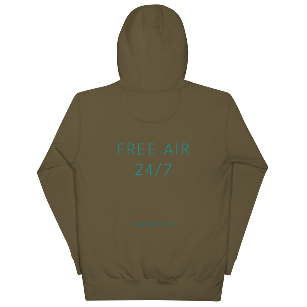 GREEN RELIGION · SPOKEN LEAF · “FREE AIR 24/7” · Cotton Unisex Premium Hoodie