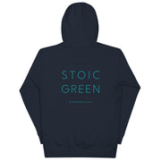 Text STOIC GREEN printed on unisex hoodie