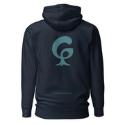 large graphic G printed in teal blue on a unisex hoodie