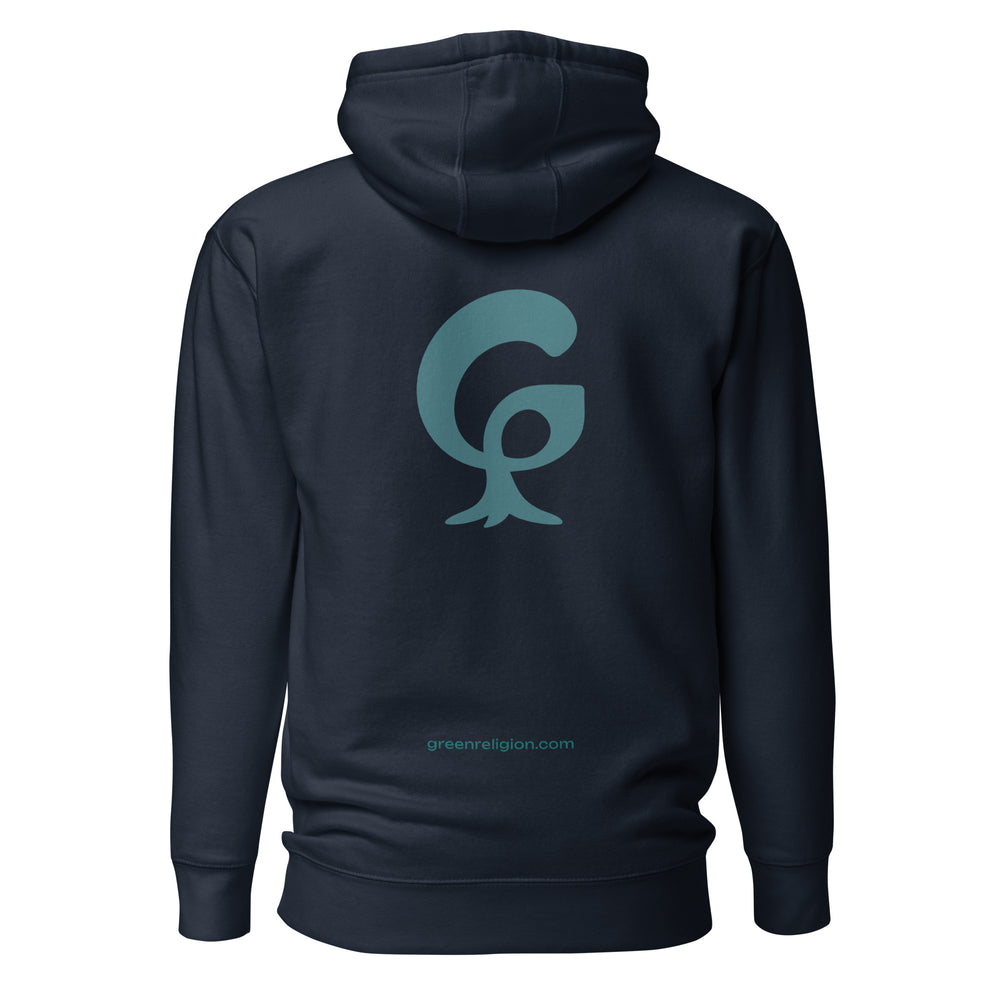 large graphic G printed in teal blue on a unisex hoodie