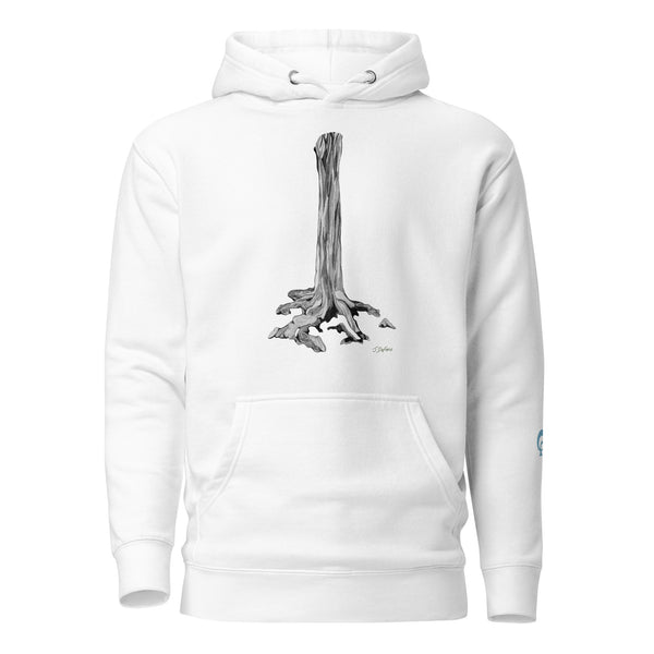 White hoodie with a  graphic tree trunk design on a white background