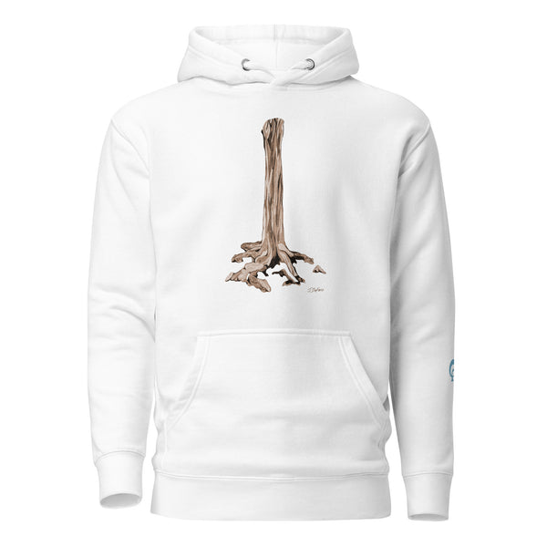 White hoodie with a  graphic tree trunk design on a white background