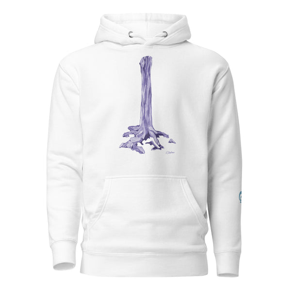 White hoodie with a  graphic tree trunk design on a white background
