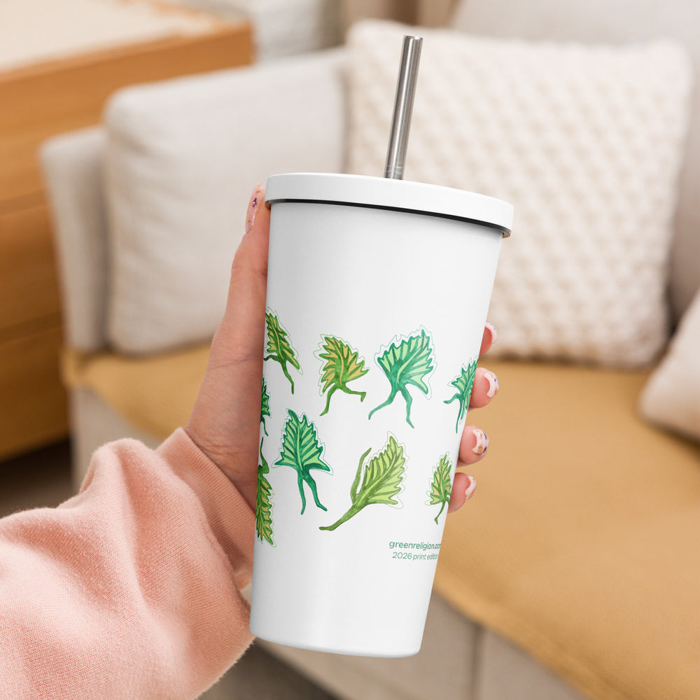 GREEN RELIGION · FREE PLAY LEAVES · “Silly Motion” · 2026 Print Edition · Insulated Tumbler with Straw