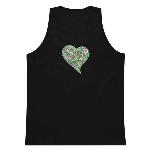 Men's Black Tank Top with colorful graphic heart on black background