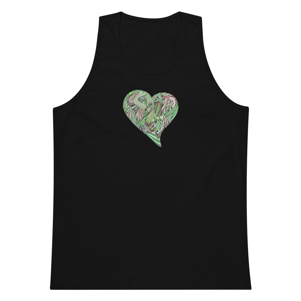 Men's Black Tank Top with colorful graphic heart on black background