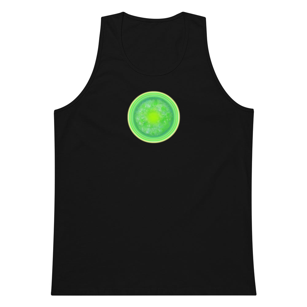 Black Men's Tank Top with Green Sun image on black background