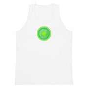 Men's White Tank Top with Green Sun image on white background