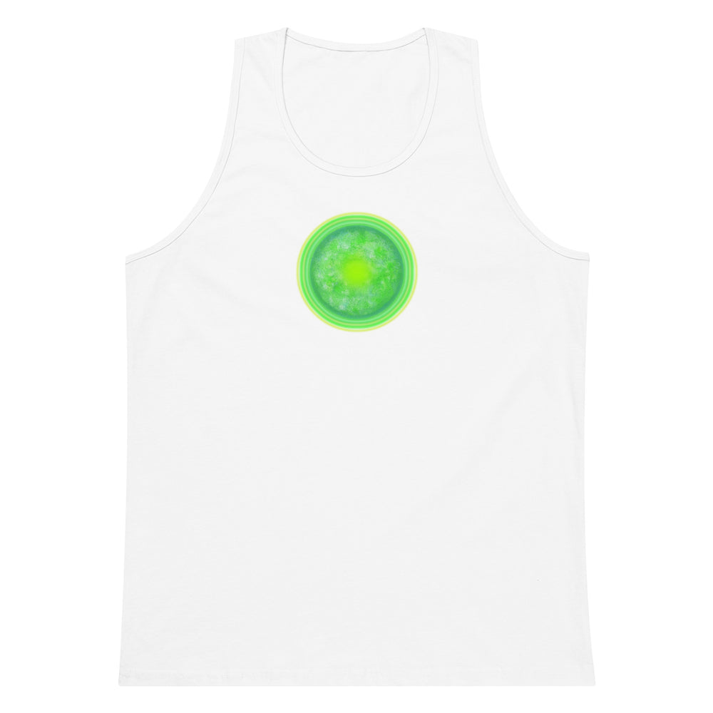 Men's White Tank Top with Green Sun image on white background