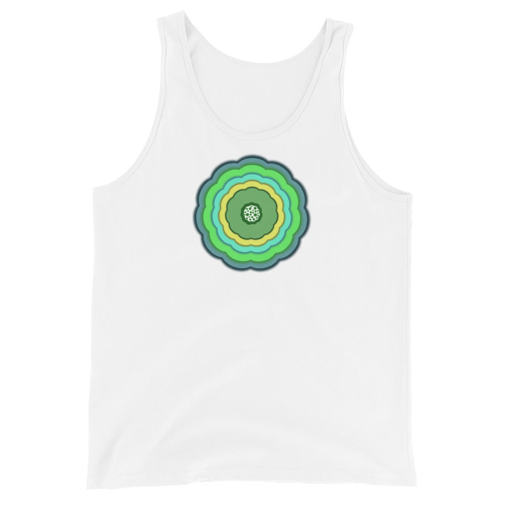 White Tank Tap with multicolored graphic flower on white background