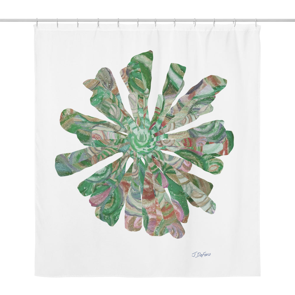 Green and other colors graphic flower printed on a white shower curtain
