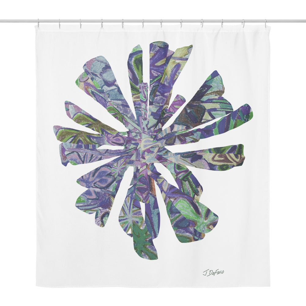 Plum and other colors graphic flower printed on a white shower curtain