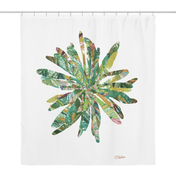 Green and other colors graphic flower collage on white shower curtain