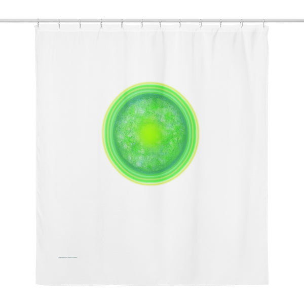 White Shower Curtain with large Green Sun image. Green Sun Shower Curtain
