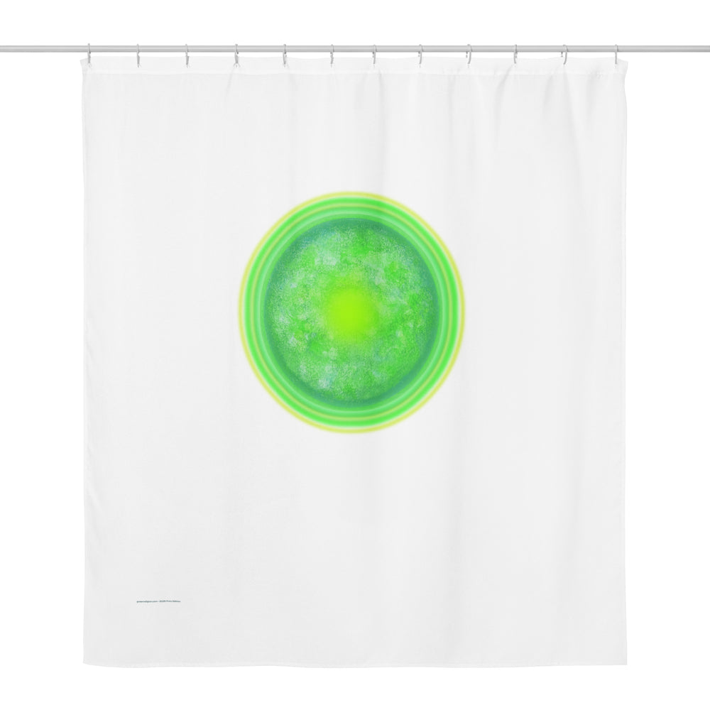 White Shower Curtain with large Green Sun image. Green Sun Shower Curtain