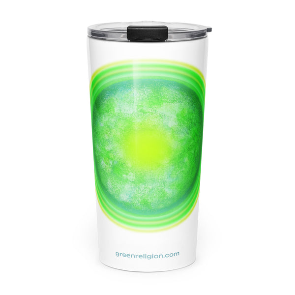 stainless steel tumbler with green circular sun image