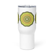 White Travel Mug with yellow and earth tone blooms on white background