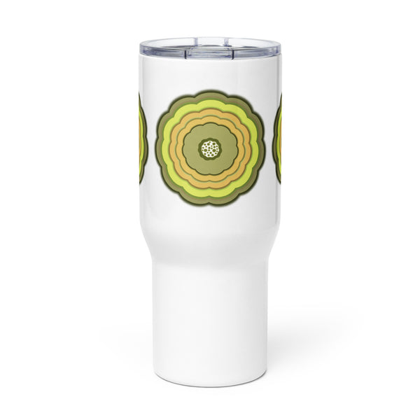 White Travel Mug with yellow and earth tone blooms on white background