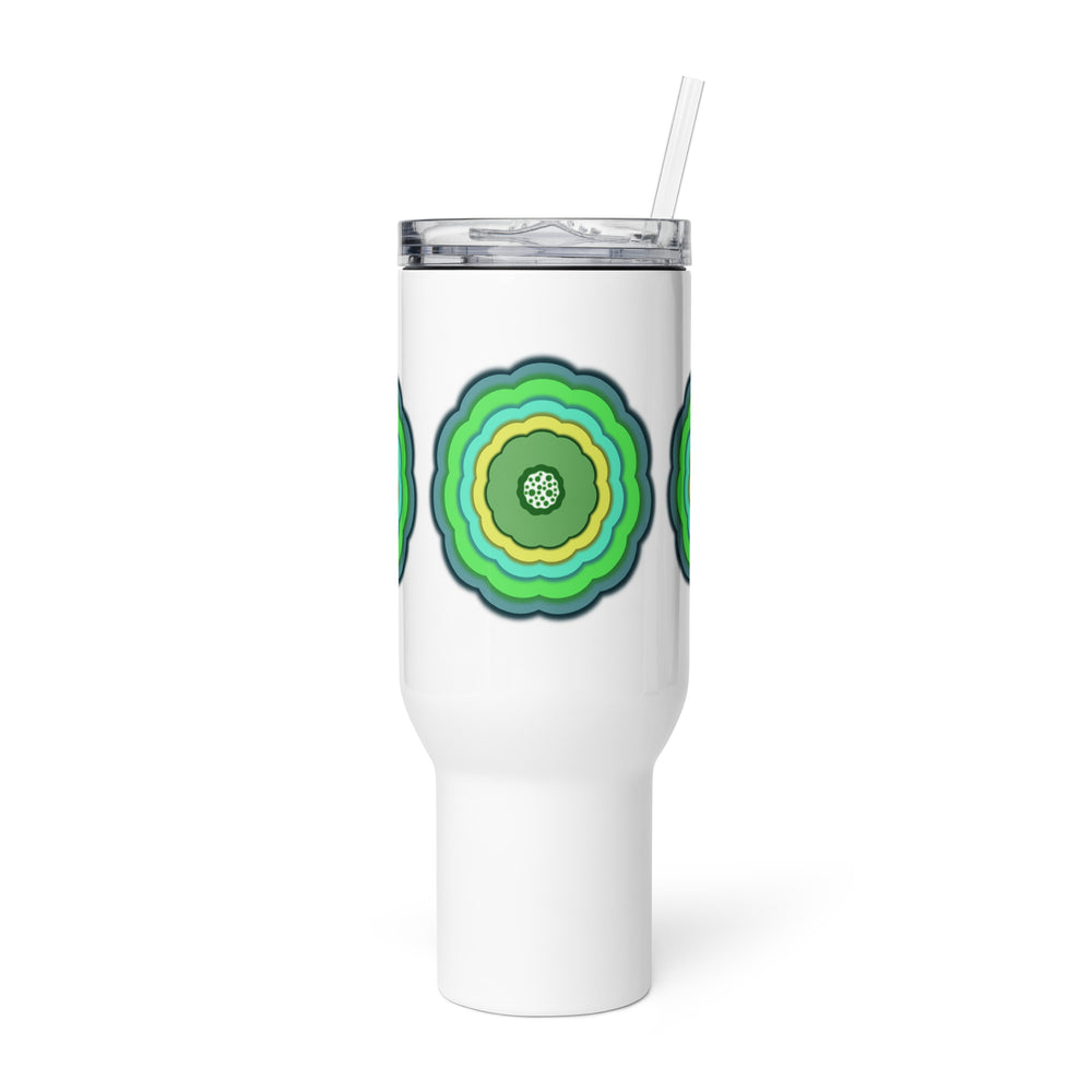 White Travel Mug with bright graphic flower