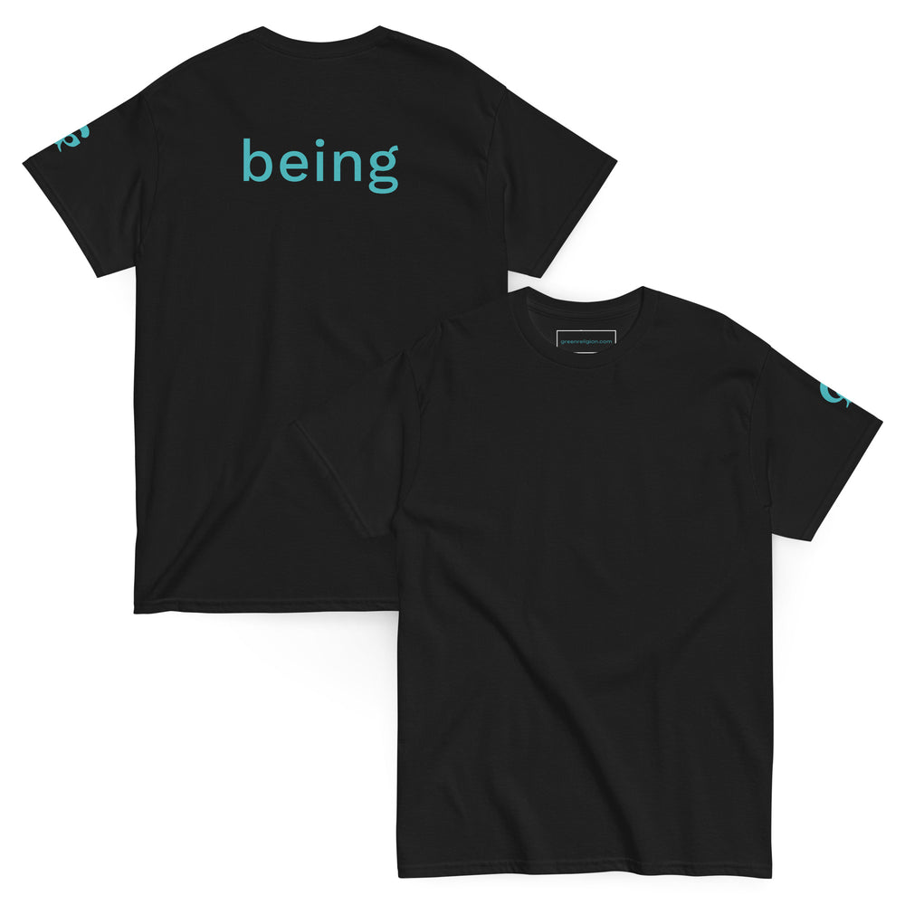 Black T-shirt with 'being' printed on the back